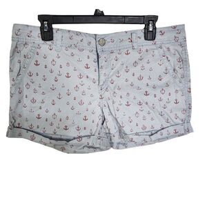 Aeropostale Womens Shorts Size 10 Blue Nautical Red Anchors Cuffed Stretch Mid
